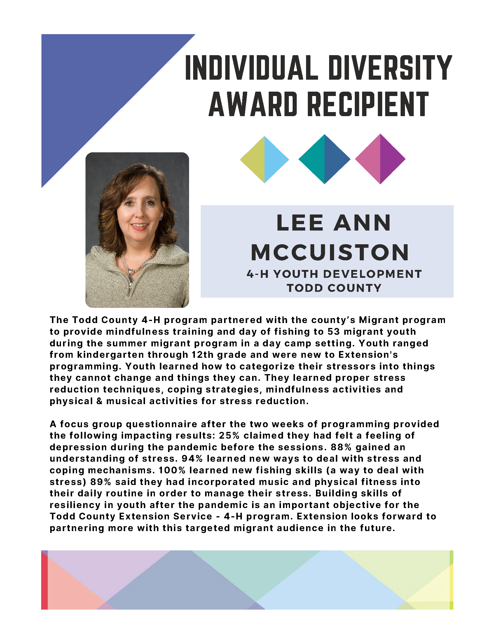 Document about the Individual Diversity Award Recipient, Lee Ann McCuiston